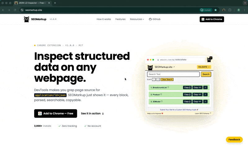 SEOMarkup in action — detecting and displaying JSON-LD schemas on a page